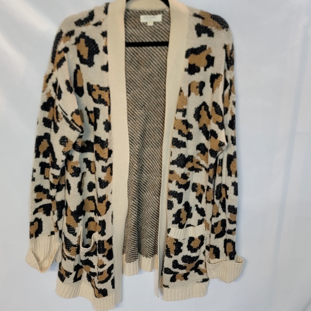 Leopard Print Open-Front Cardigan Sweater - Cream/Tan/Black 2x